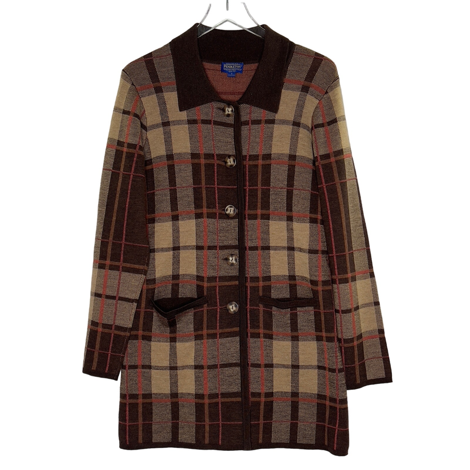 Pendleton S Merino Wool Brown Plaid Long Line Cardigan Pockets Preppy Cabin